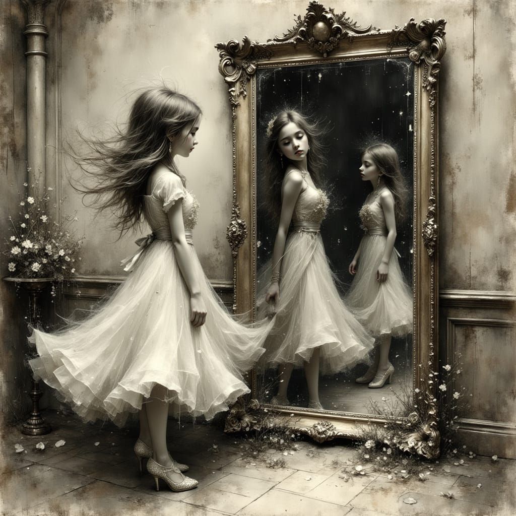 Surreal Woman in Flowing Dress Before Ornate Mirror