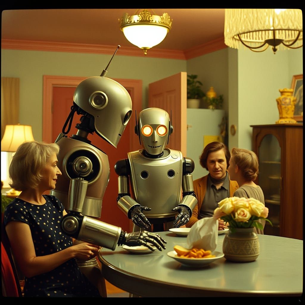 Weird Robot Serves in Retro 50s Home Film Still
