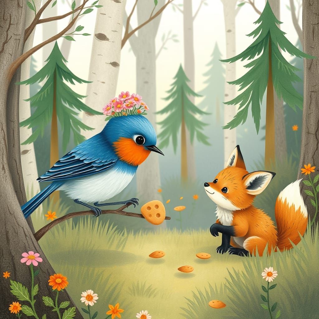 Whimsical Bluebird Feeds Fox Cub in Enchanted Forest