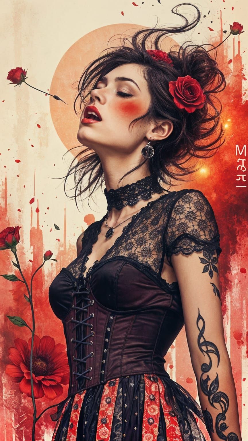 Dreamlike Portrait of a Punk-Inspired Musician in Red and Bl...