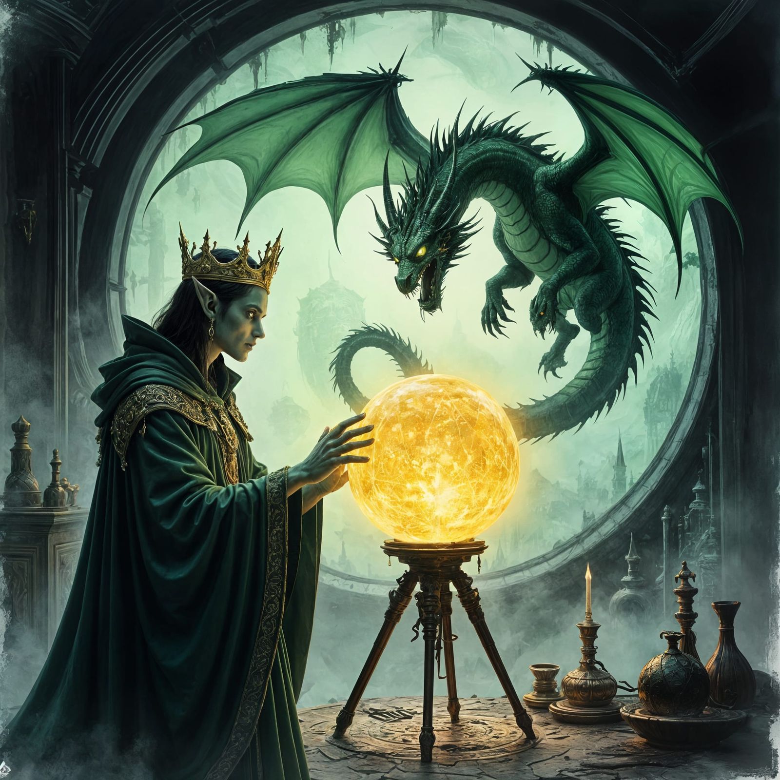 Frightened Elf Necromancer with Dragon, Ink Drawing