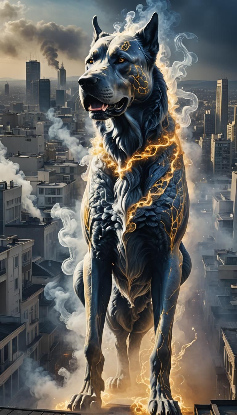 Holographic Dog Creature Hovering Over City