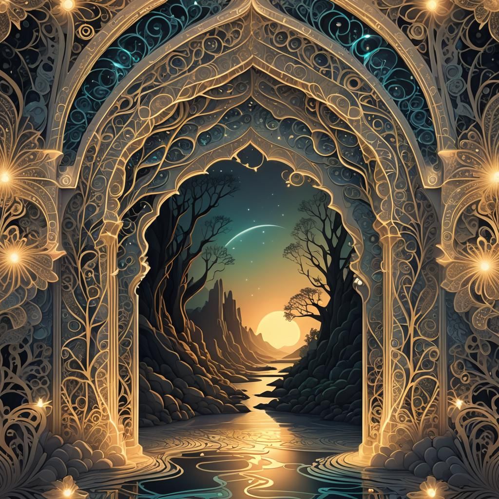 Glowing Mystical Archway at Night in Abstract Style
