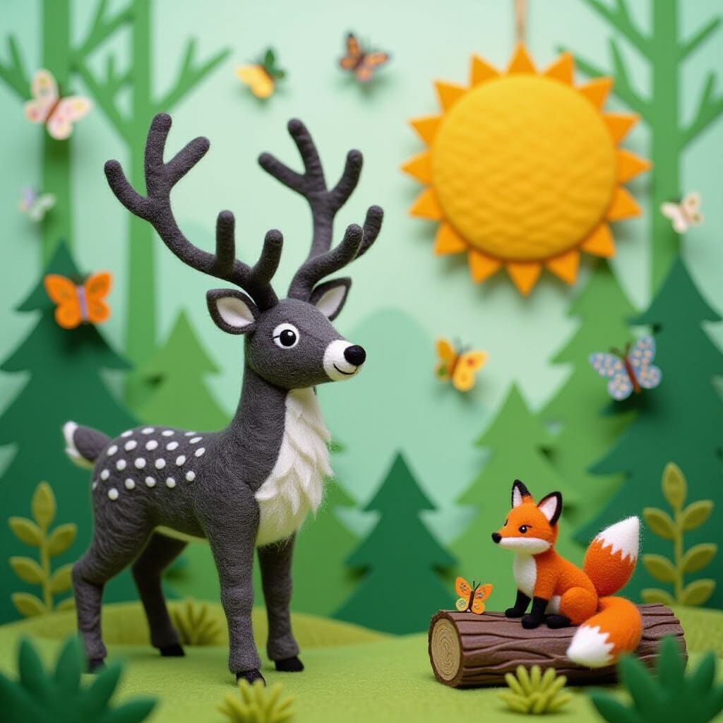 Majestic Felt Stag in Forest Diorama, Folk Art Style