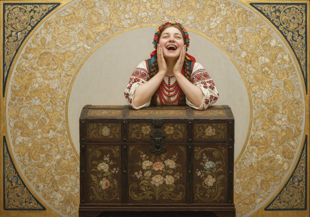 Laughing Ukrainian Woman with Ornate Chest, Art Nouveau