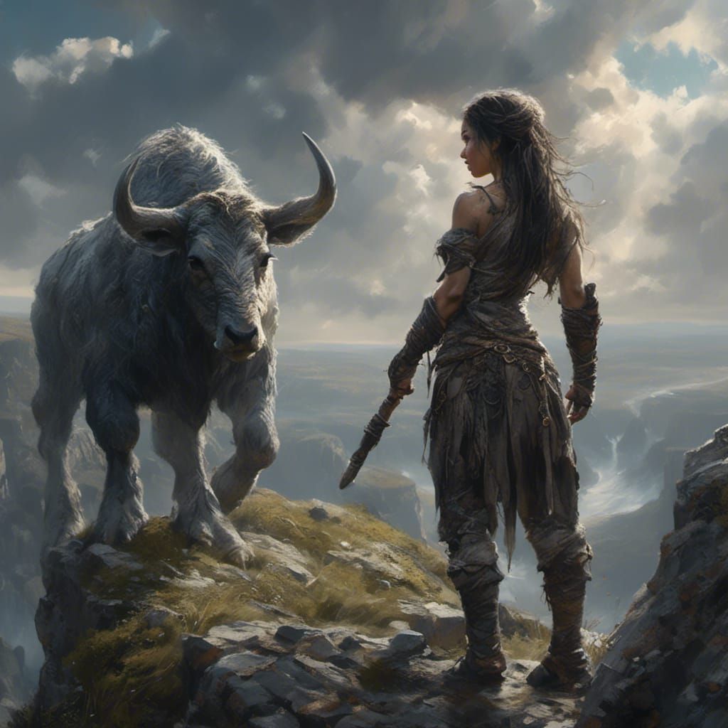 Armored Orc Woman Cradling Fawn at Cliff Edge
