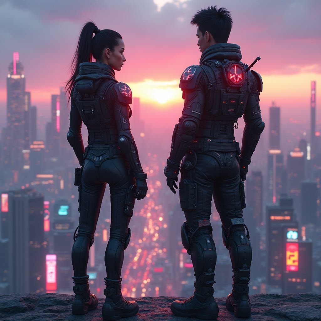 Cyberpunk Couple Stands at Rooftop Edge, Gazing at Neon City...