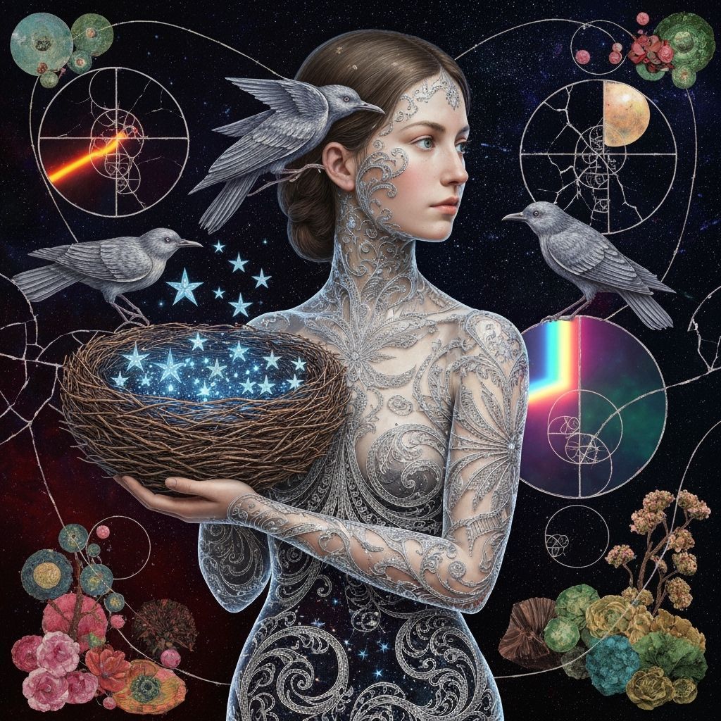 Serene Woman With Bird Form & Star Nest