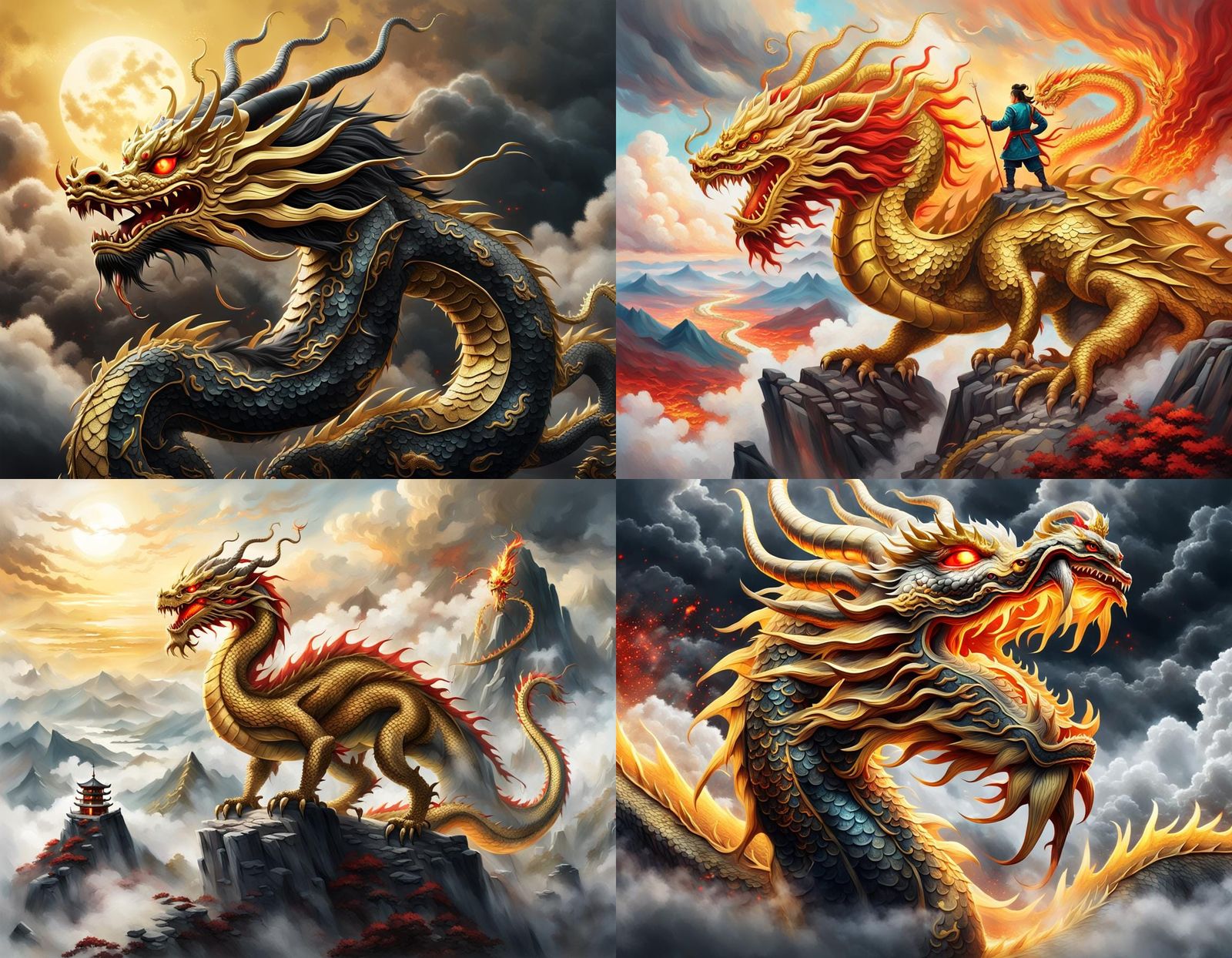 Glowing Golden Dragon in Ancient China, Mythical Scene