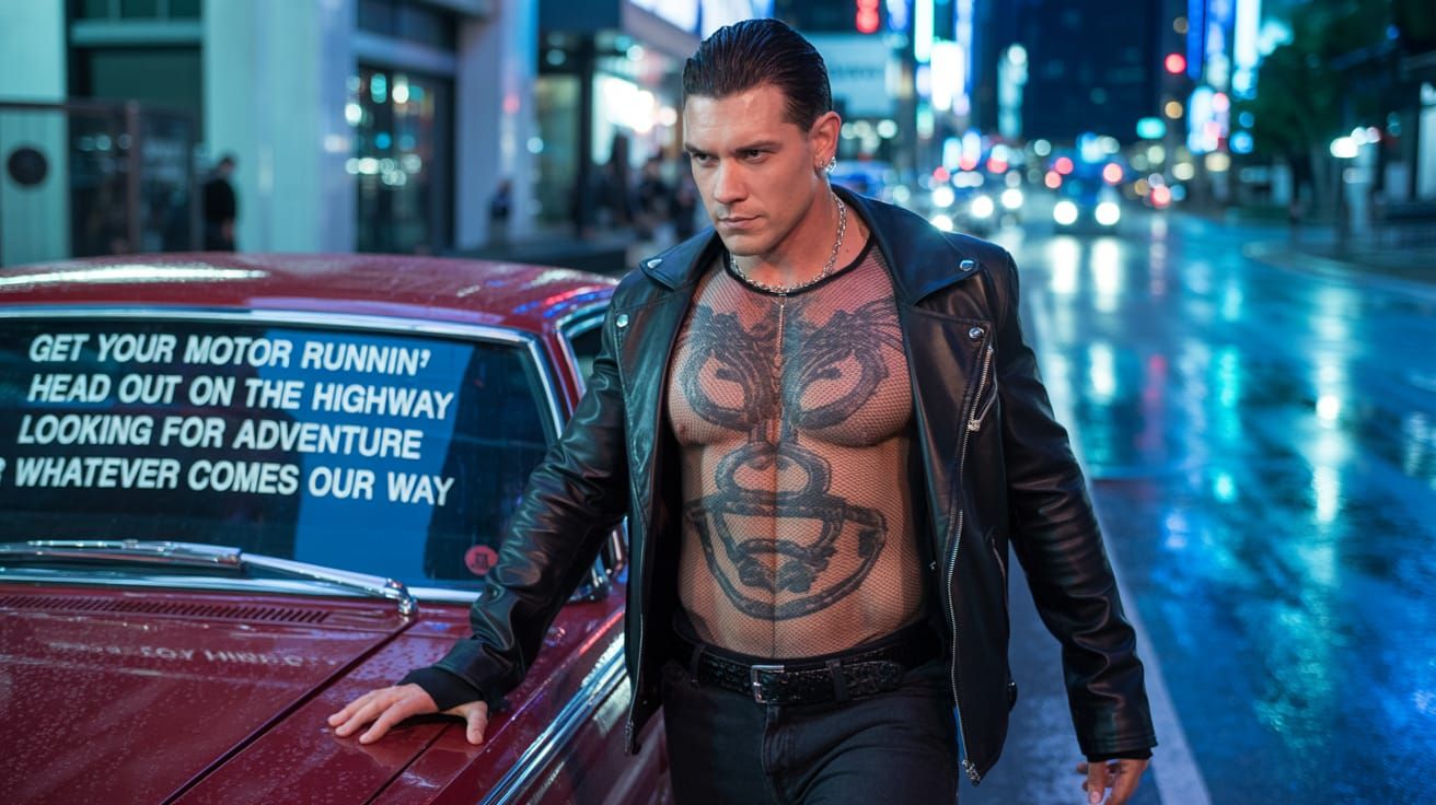 Gothic Man Cruises Neon Street in Vintage Car