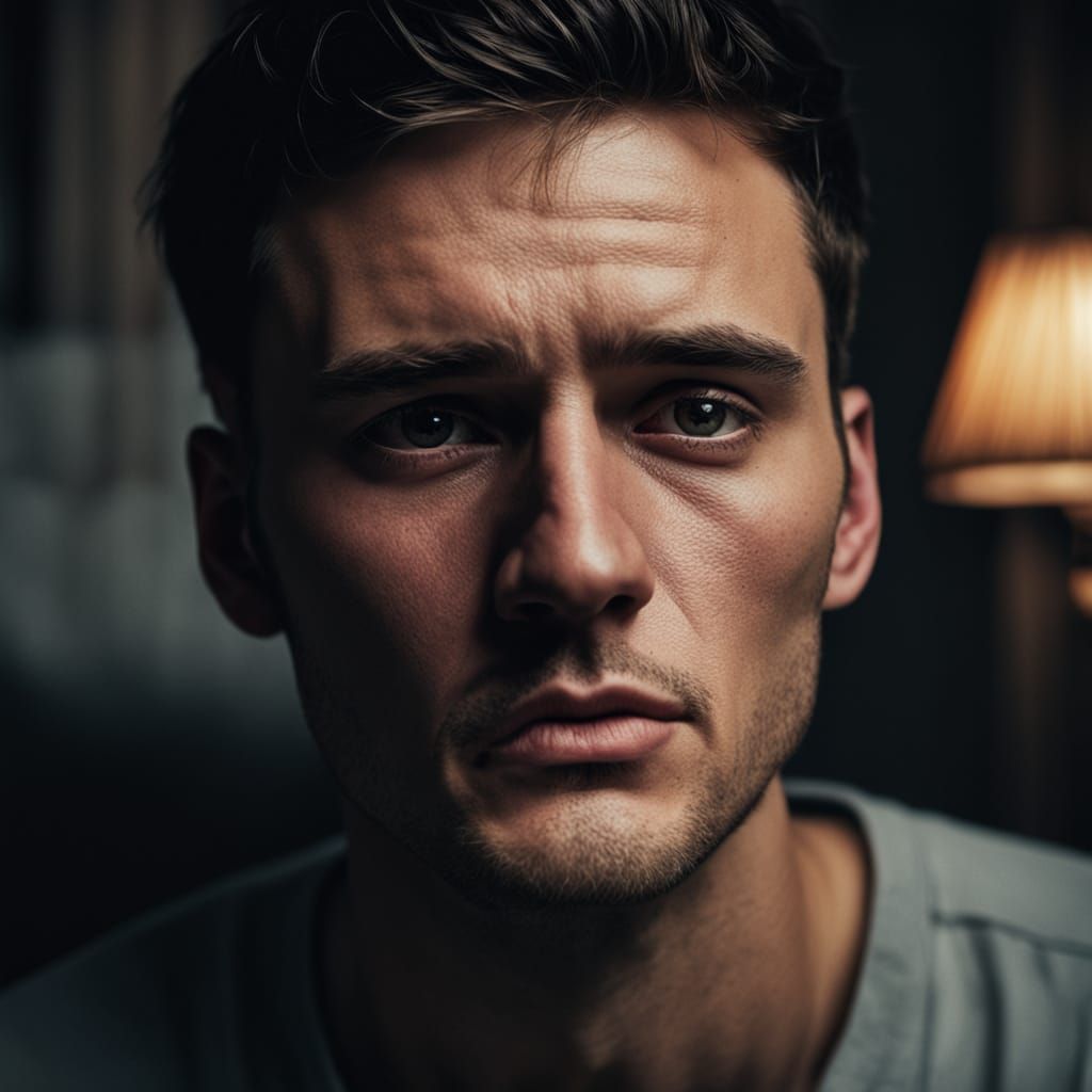 A Young Man's Tearful Reflection in a Warm, Golden Glow