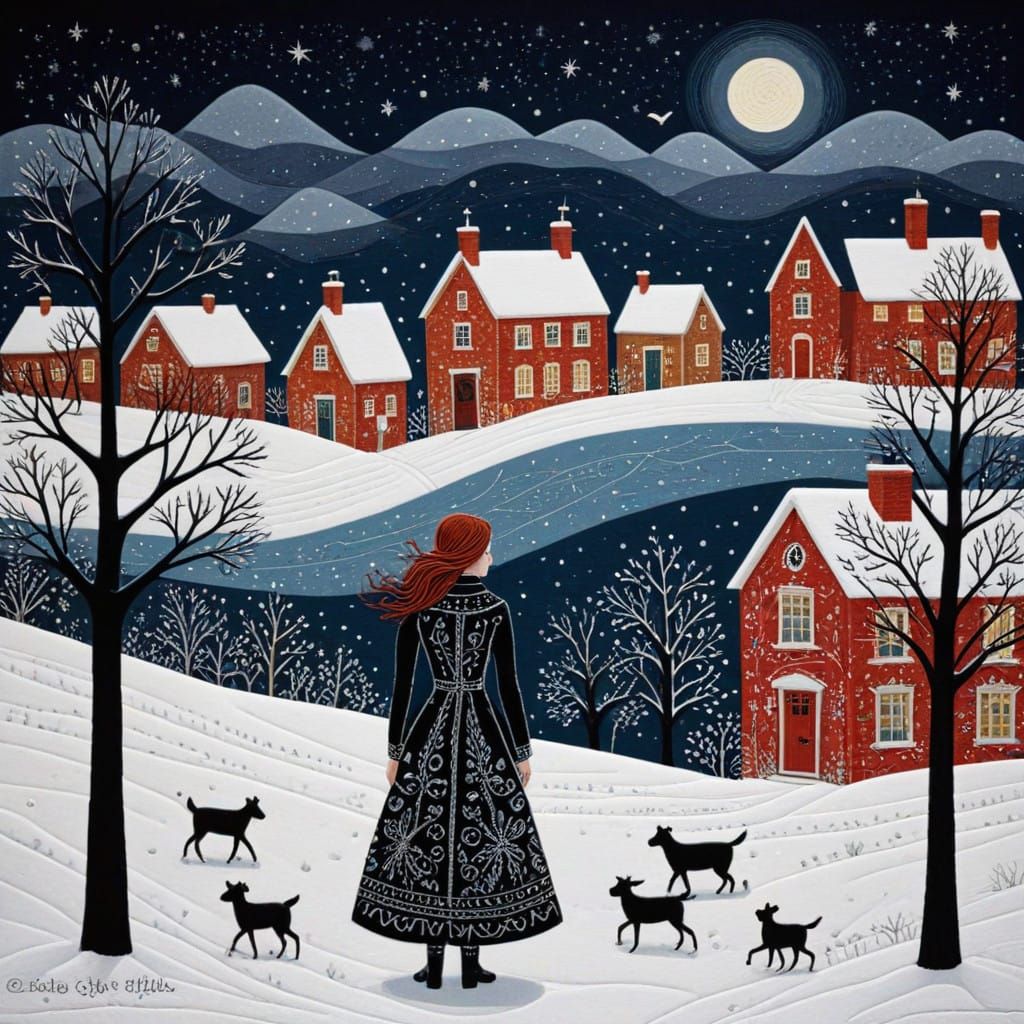 Winter Nighttime Scene in Whimsical Folk Art Style