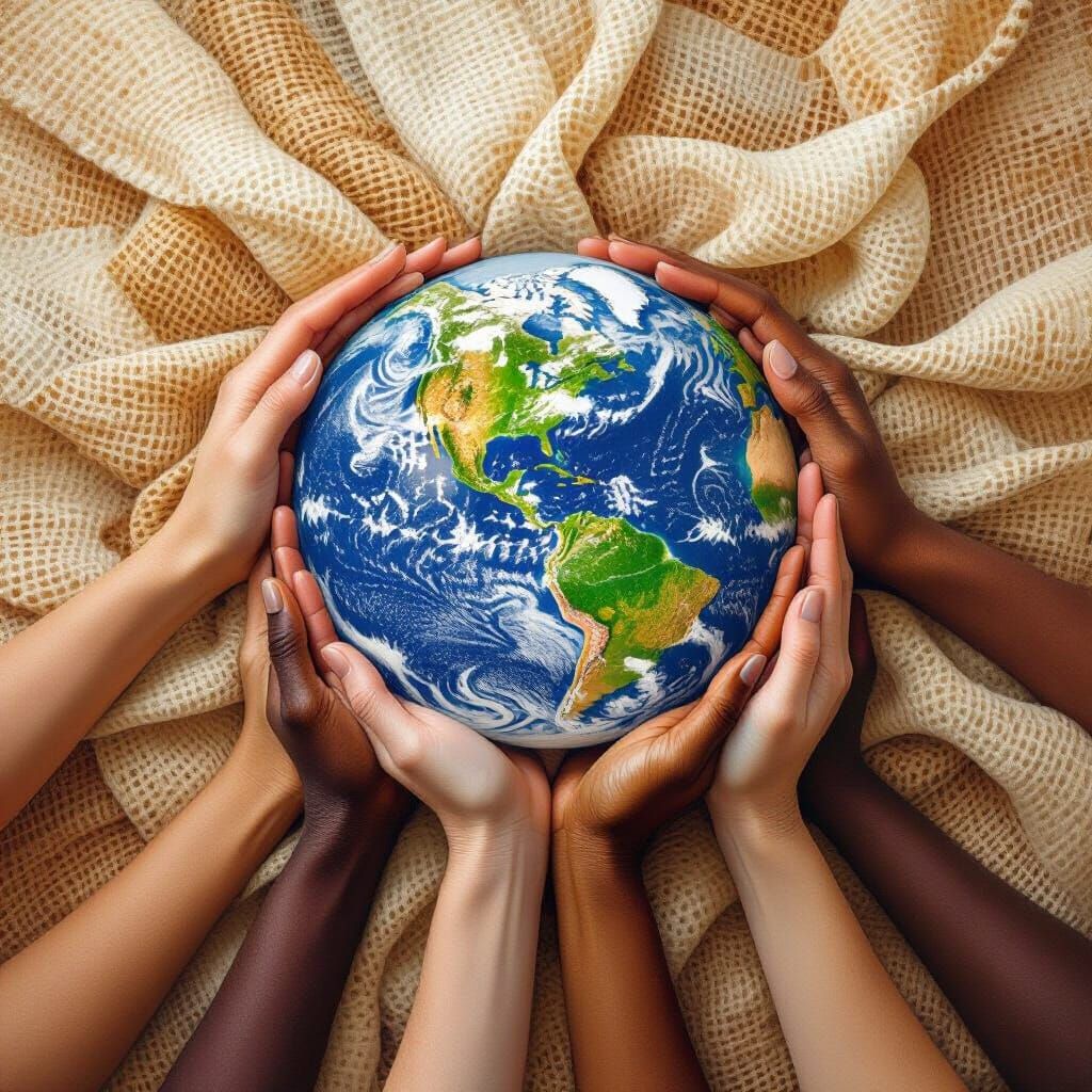 Diverse Hands Gently Hold Earth in Hopeful Painterly Realism