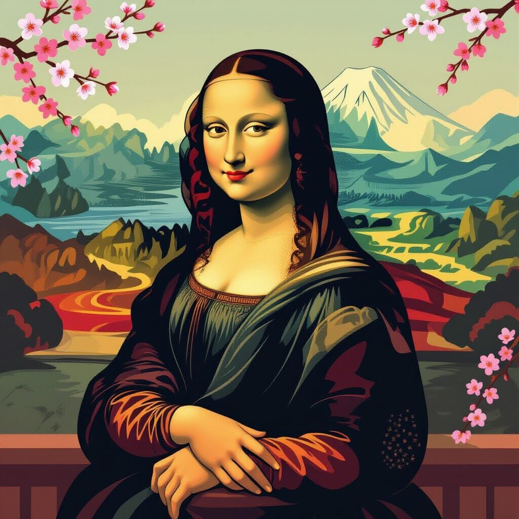 Mona Lisa in Ukiyo-e Style with Mount Fuji