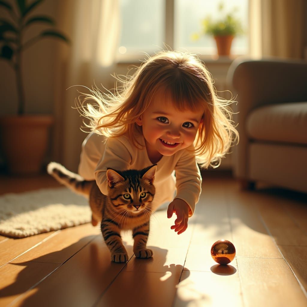 Girl and Cat Playfully Chase Shiny Ball