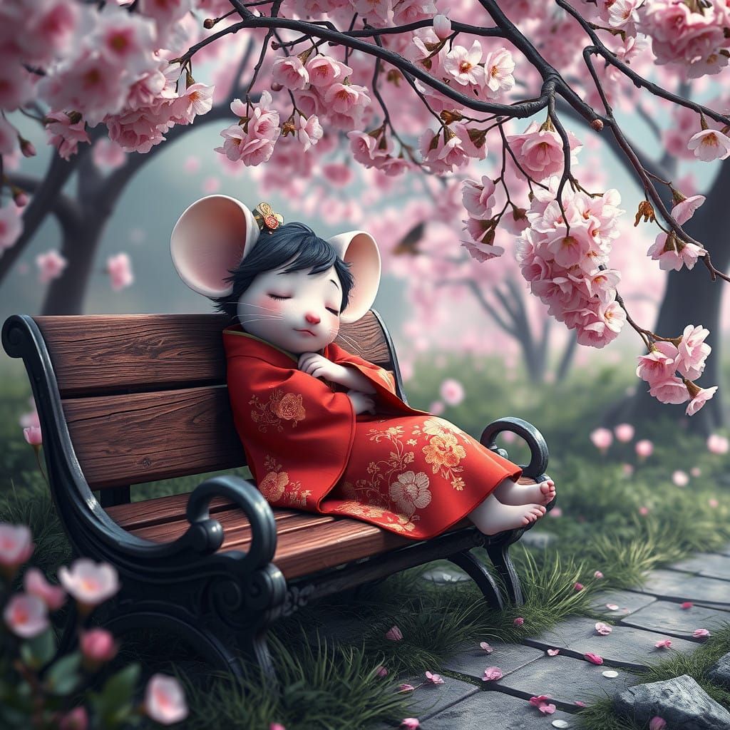 Enchanting Mouse Girl in Cherry Blossom Garden Kimono Dreams...