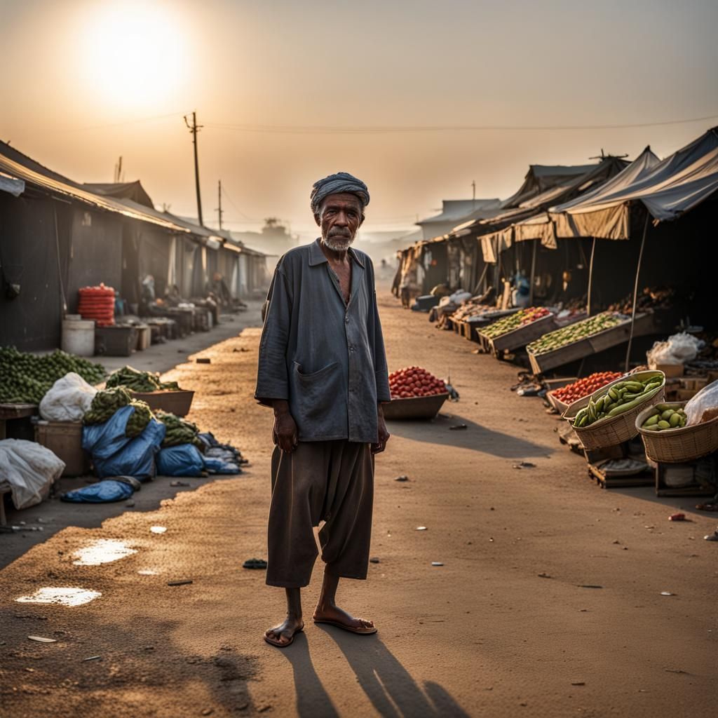 Impoverished Laborer at Empty Market at Sunrise