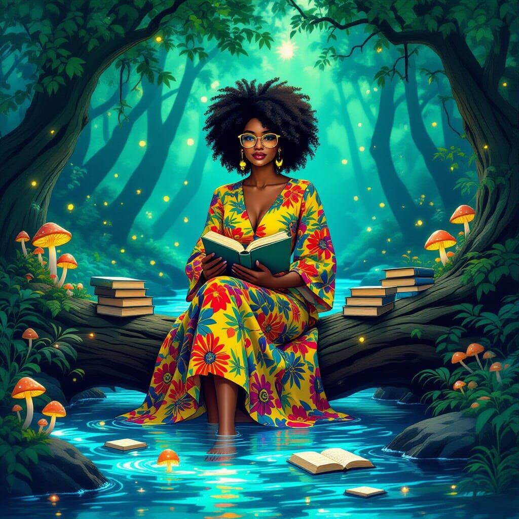 Librarian in Bioluminescent Forest, Art Nouveau Style