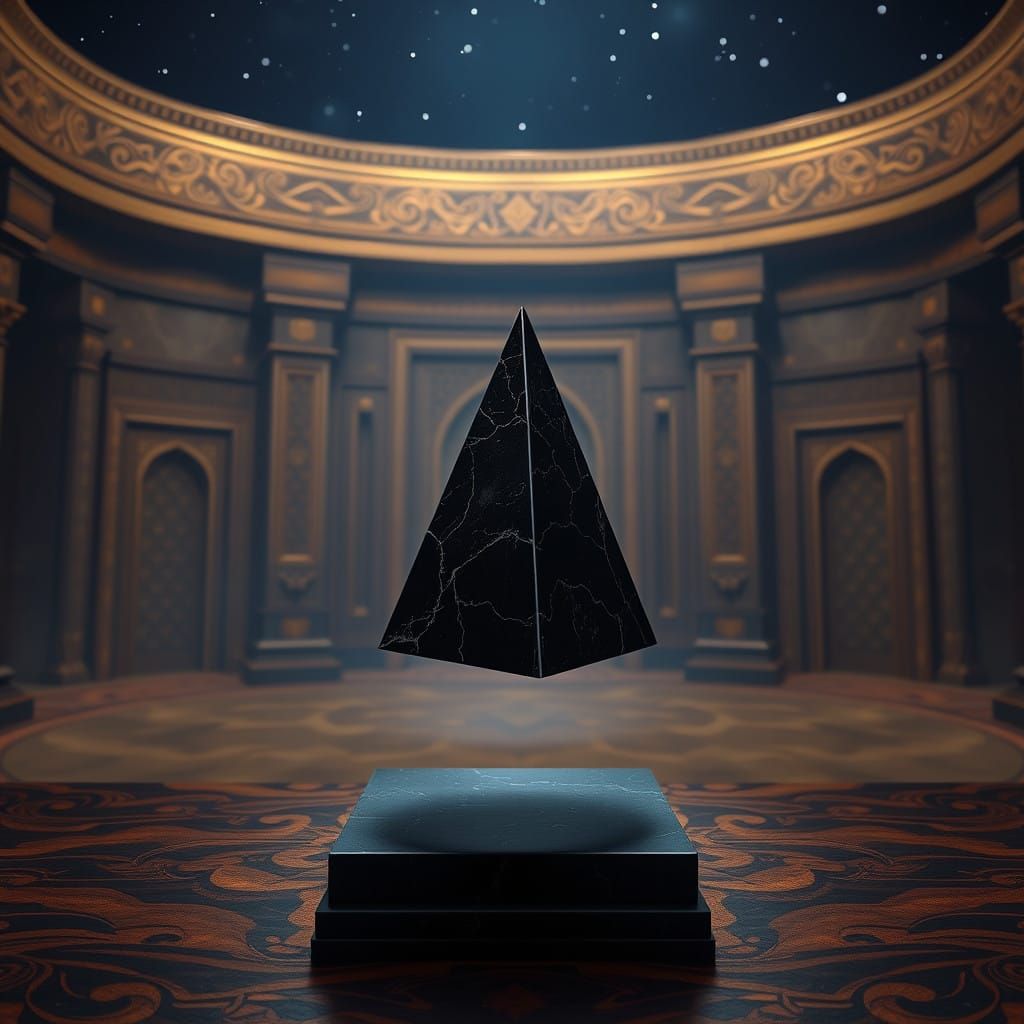 Ethereal Black Marble Pyramid Levitates Amidst Ancient Templ...