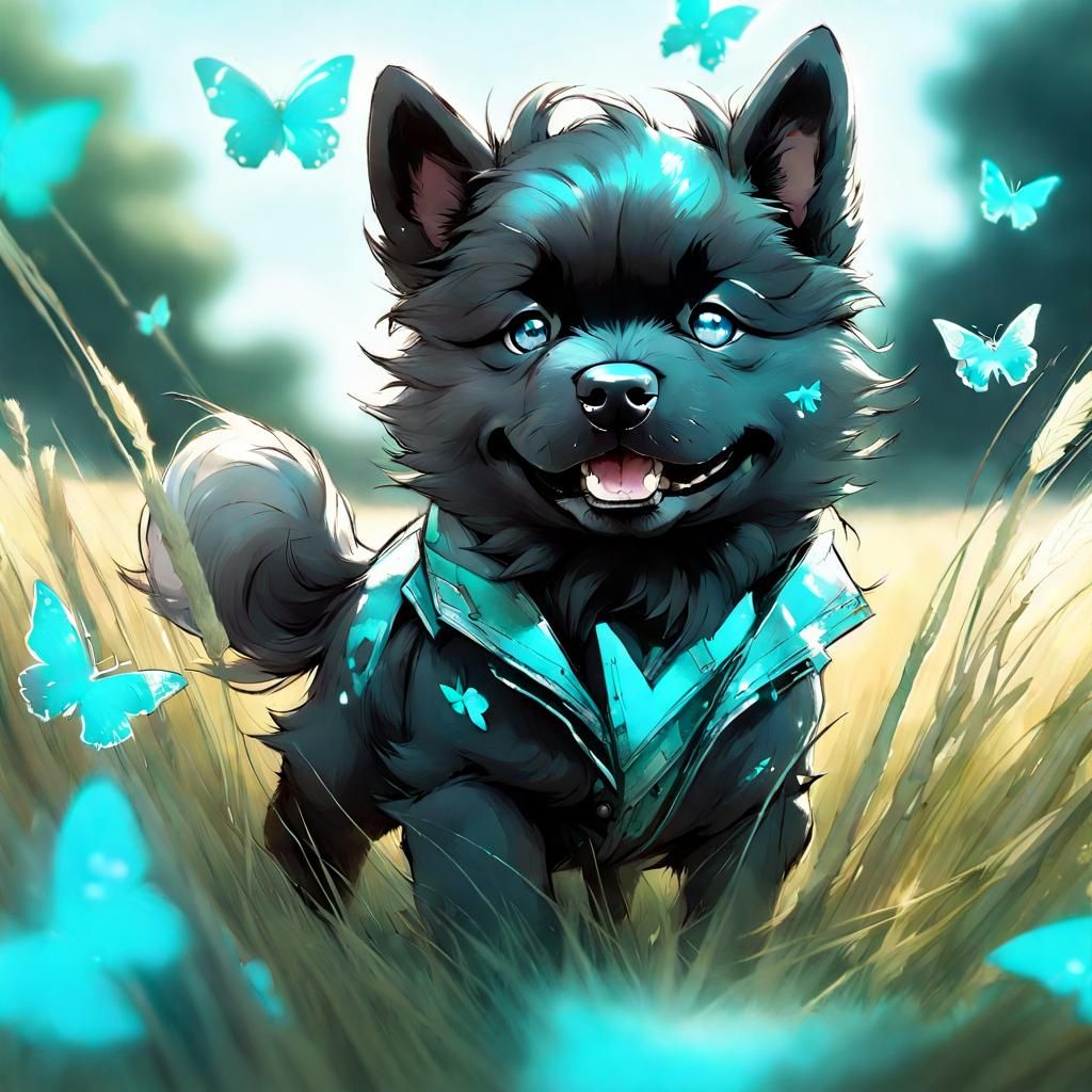 Chibi Black Akita Puppy in Field, Digital Art