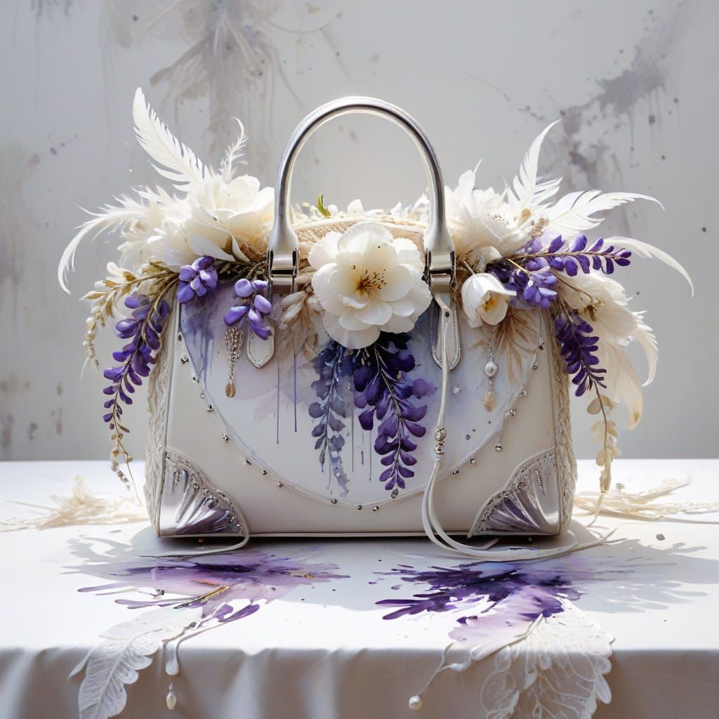 Wisteria Purse on Lace, Expressive Watercolor Painting