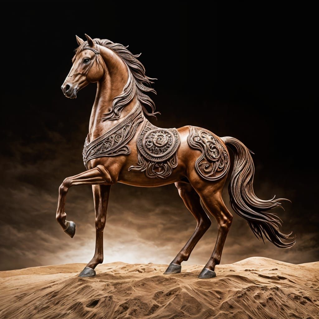 Proud Wooden Horse Sculpture on Desert Terrain