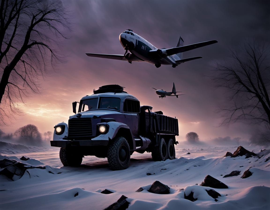 Battle-Scarred Plane Over Snowy Field, Cinematic Realism