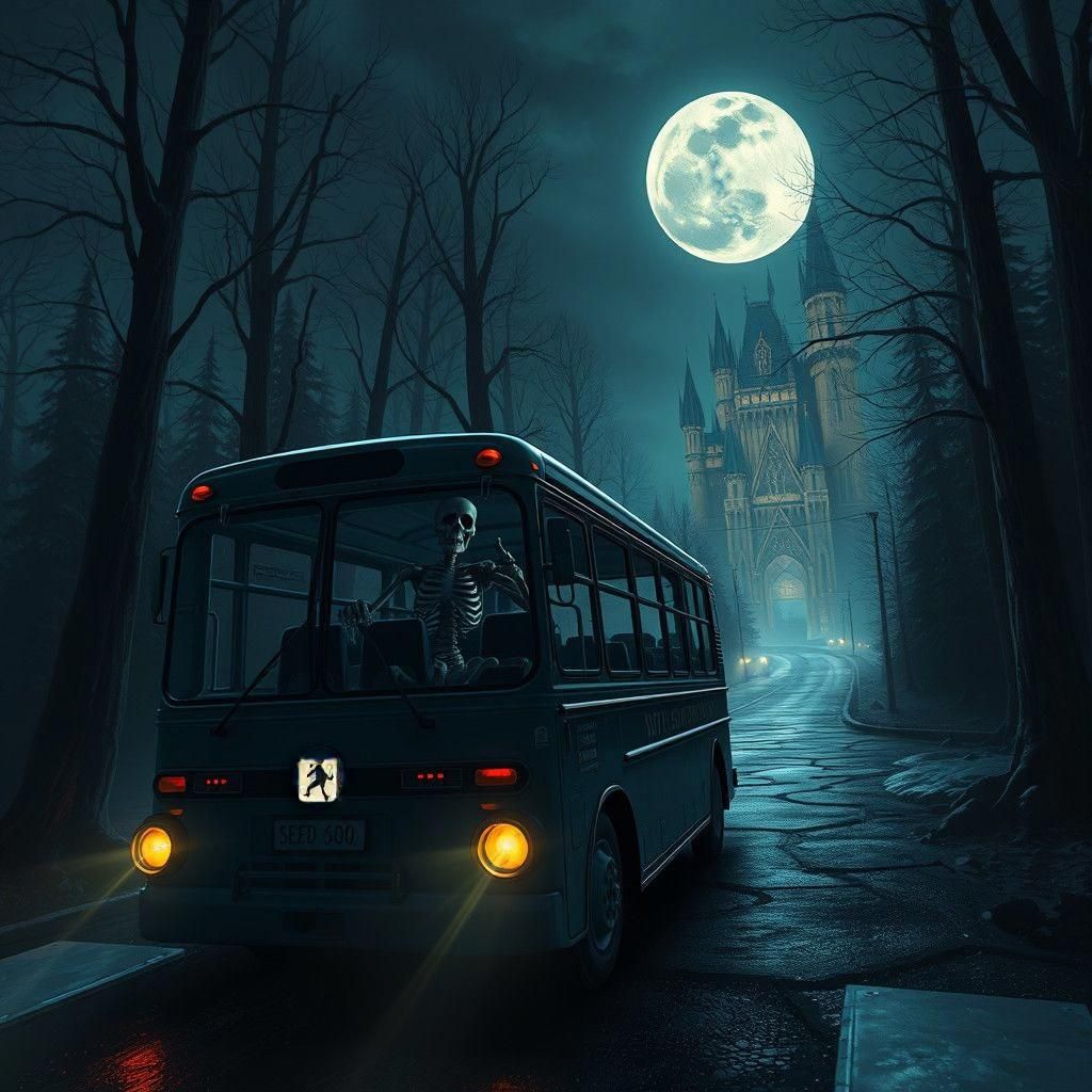 Skeleton Bus Driver in Dark Forest: Fantasy Concept Art