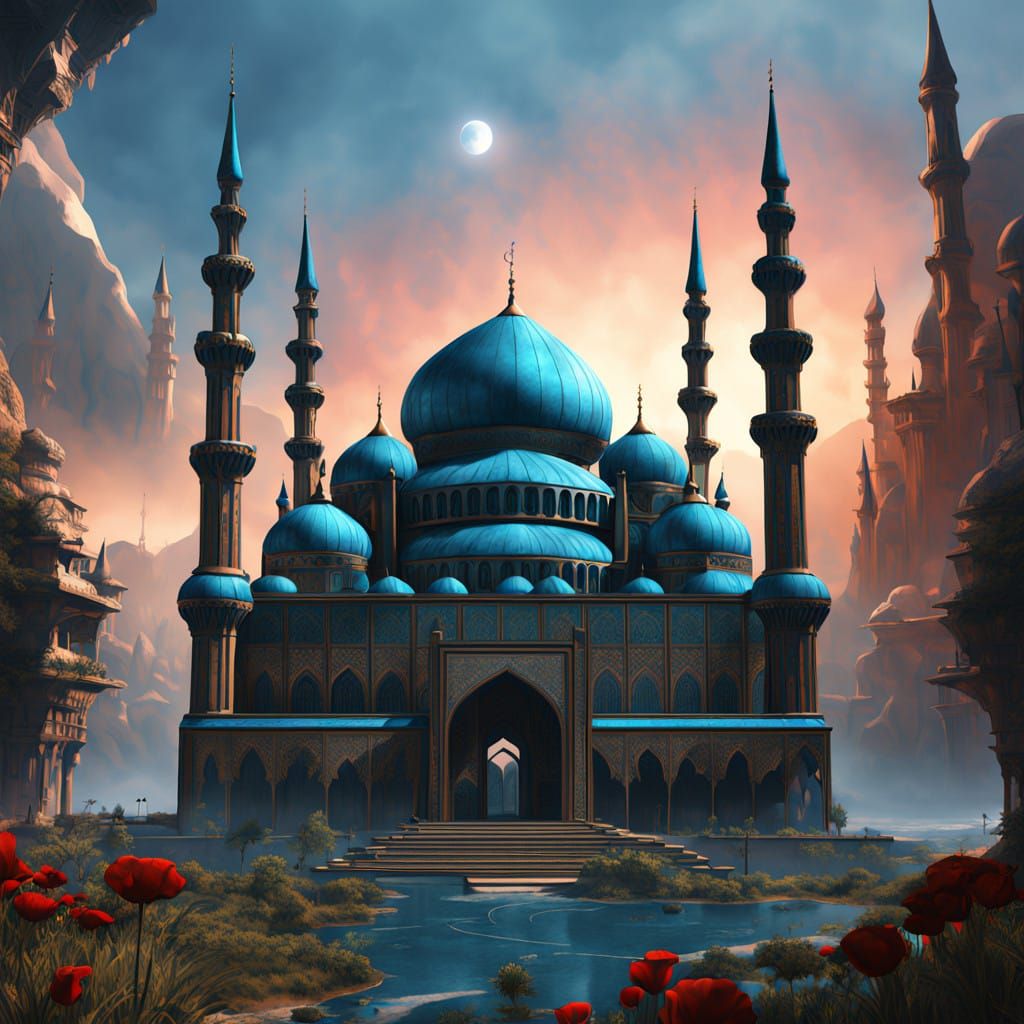 Surreal Mosque with Twin Minarets, Set Amidst Vibrant Qurani...