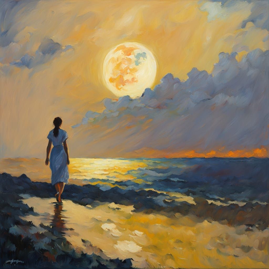 Impressionist Woman Walking Under Moonlight