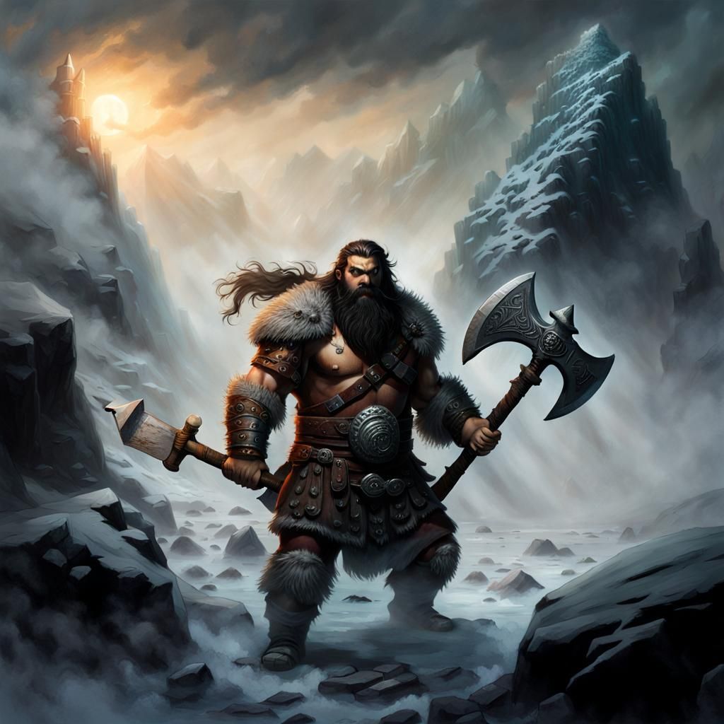 Dwarf Barbarian Scouts Misty Cave with Axe