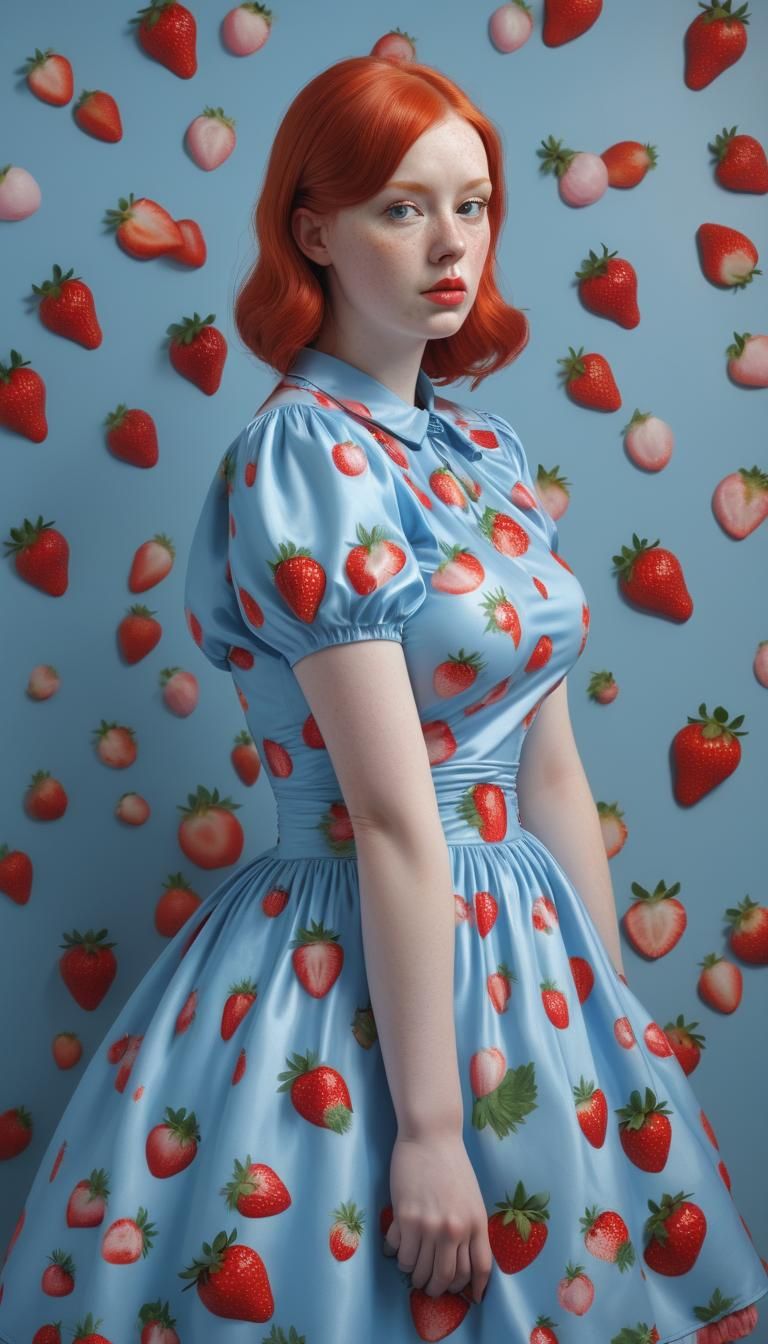 Redhead Woman in Strawberry Dress: Surreal Hyperrealism