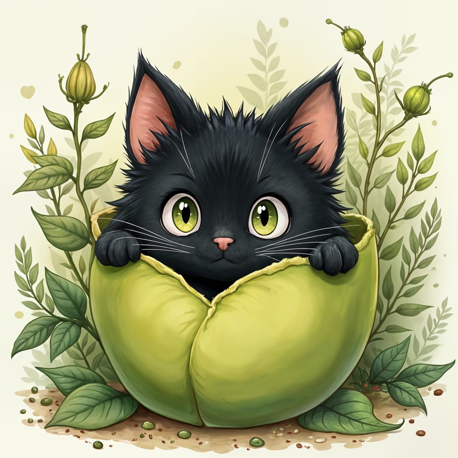 Anime Black Cat in a Delicate Green Peapod