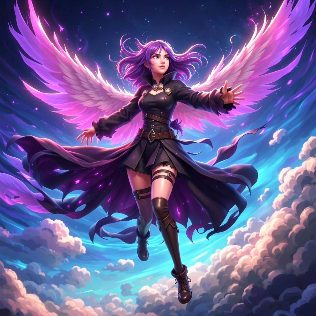 Goth Girl Flying with Purple Energy in Anime Style