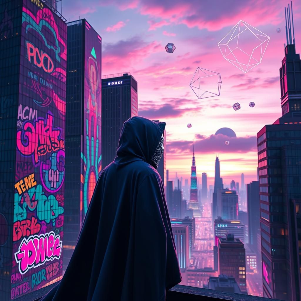 Futuristic Cityscape at Twilight with Graffiti Art