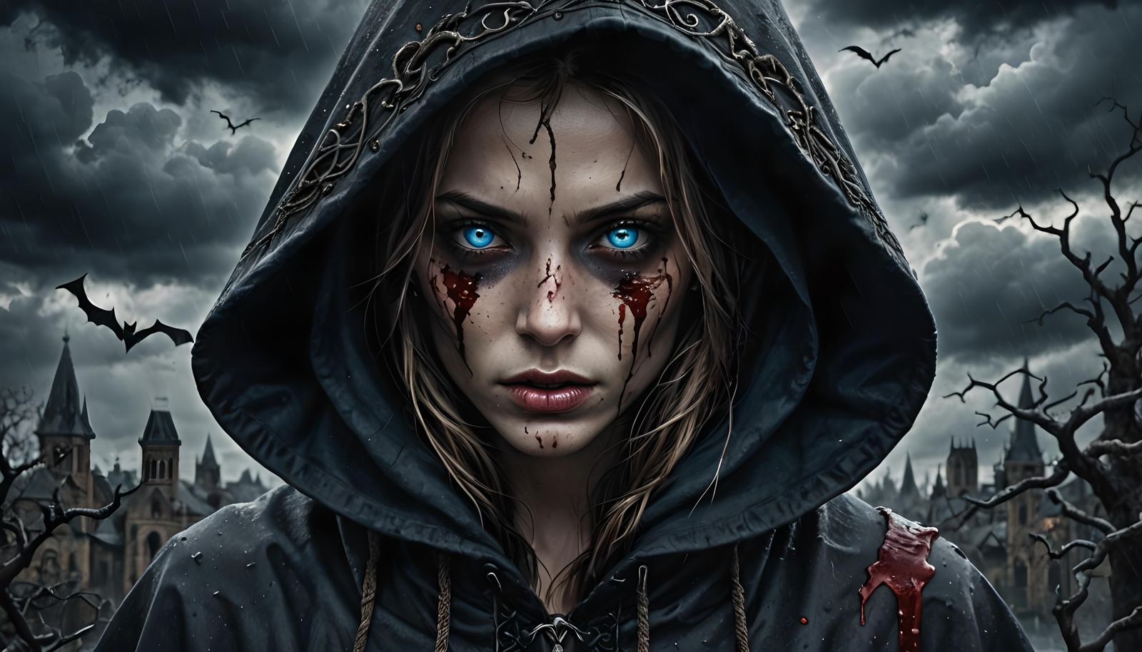 Hooded Woman with Fangs in Dark Clouds
