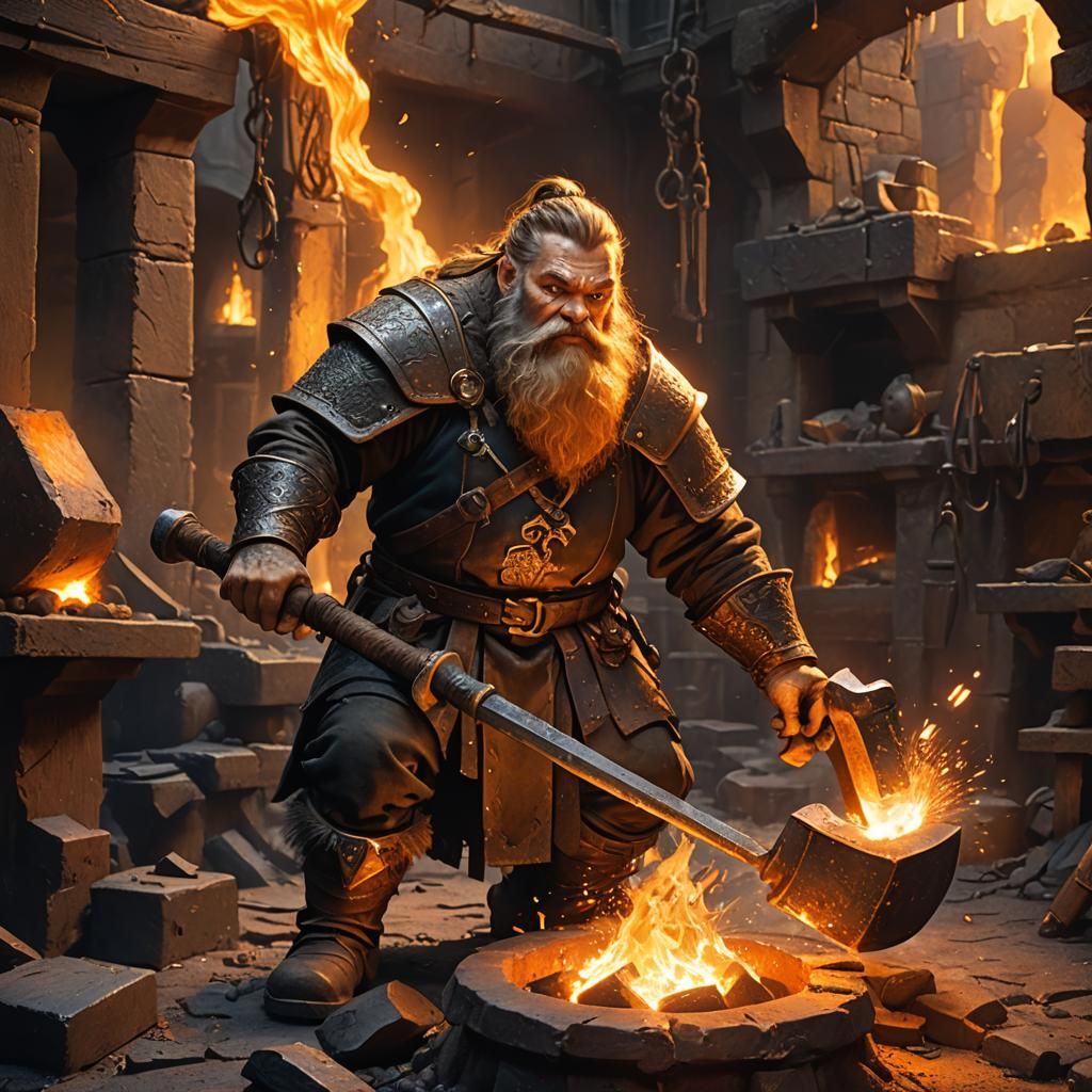 Dwarf Smith Hammering Glowing Metal in Fiery Forge