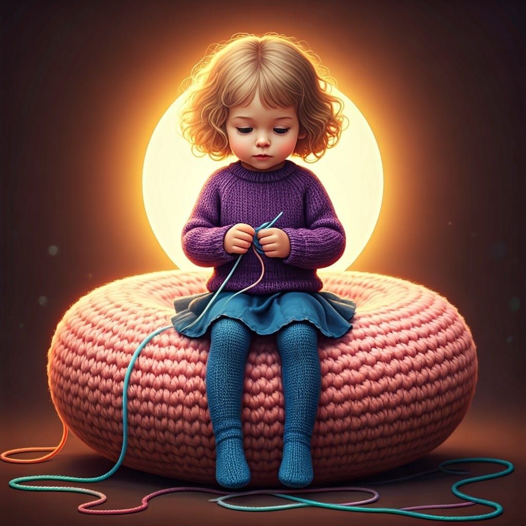 Girl Knitting on Giant Donut in Dreamlike Setting