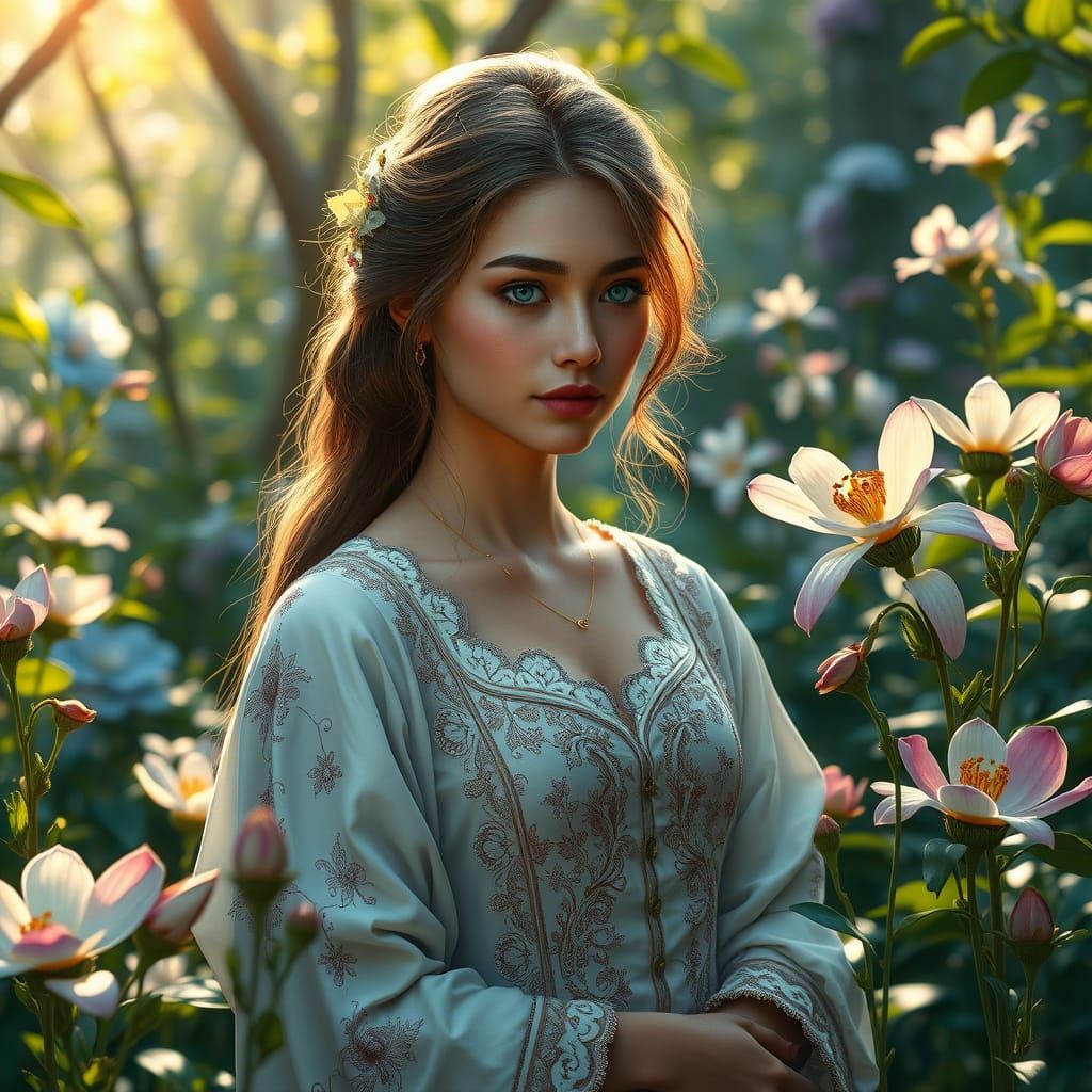 Ethereal Medieval Maiden in Vibrant Floral Wonderland