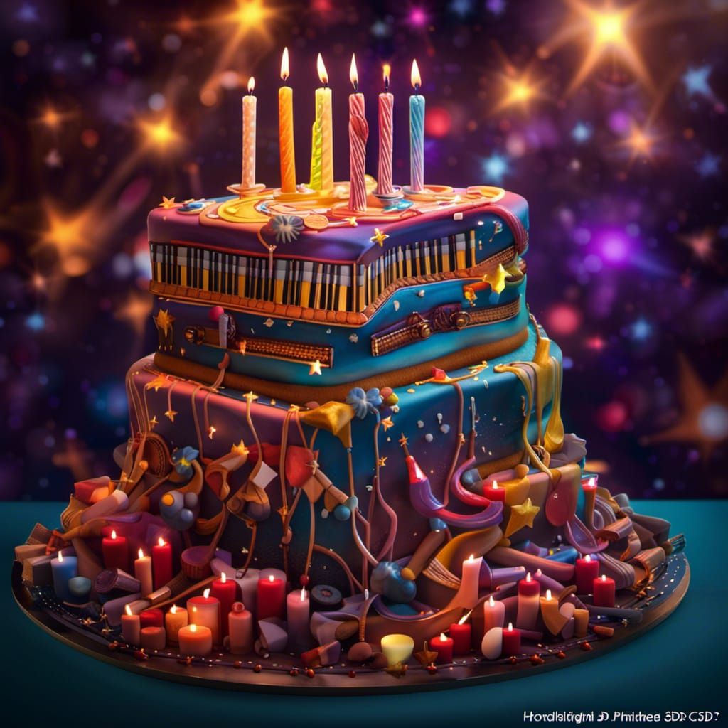 Harmonica Birthday Cake with Colorful Candlelight
