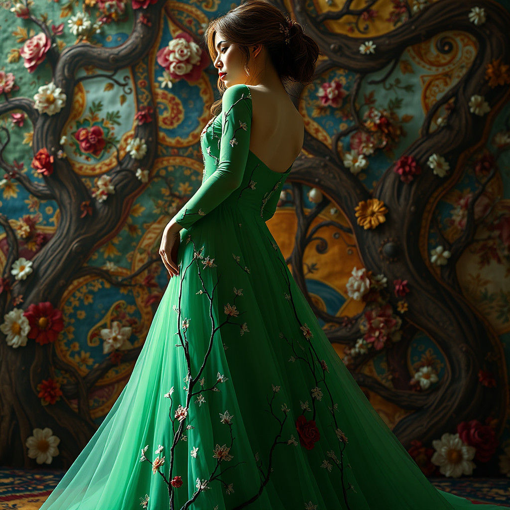 Embroidered Green Tree Wedding Gown Concept Art