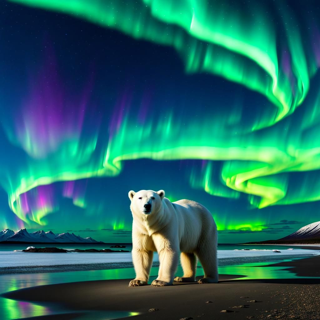 Polar Bear Under Aurora Borealis