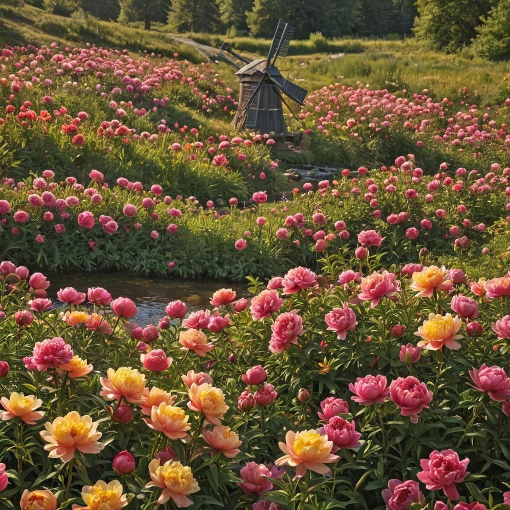 Field full of epically brightly colored peonies in salmon & ...