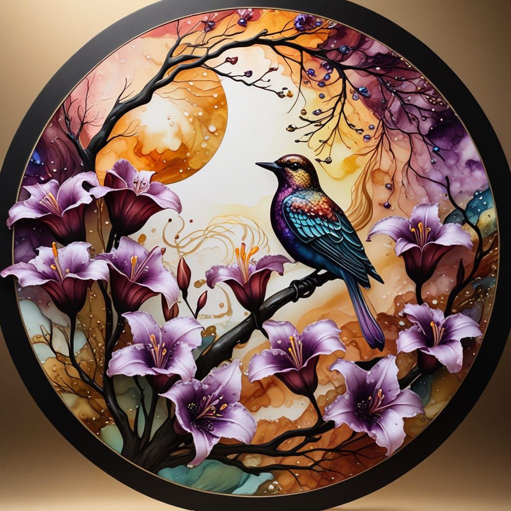 Alcohol Ink Art of Clouds, Lilies, and Bird