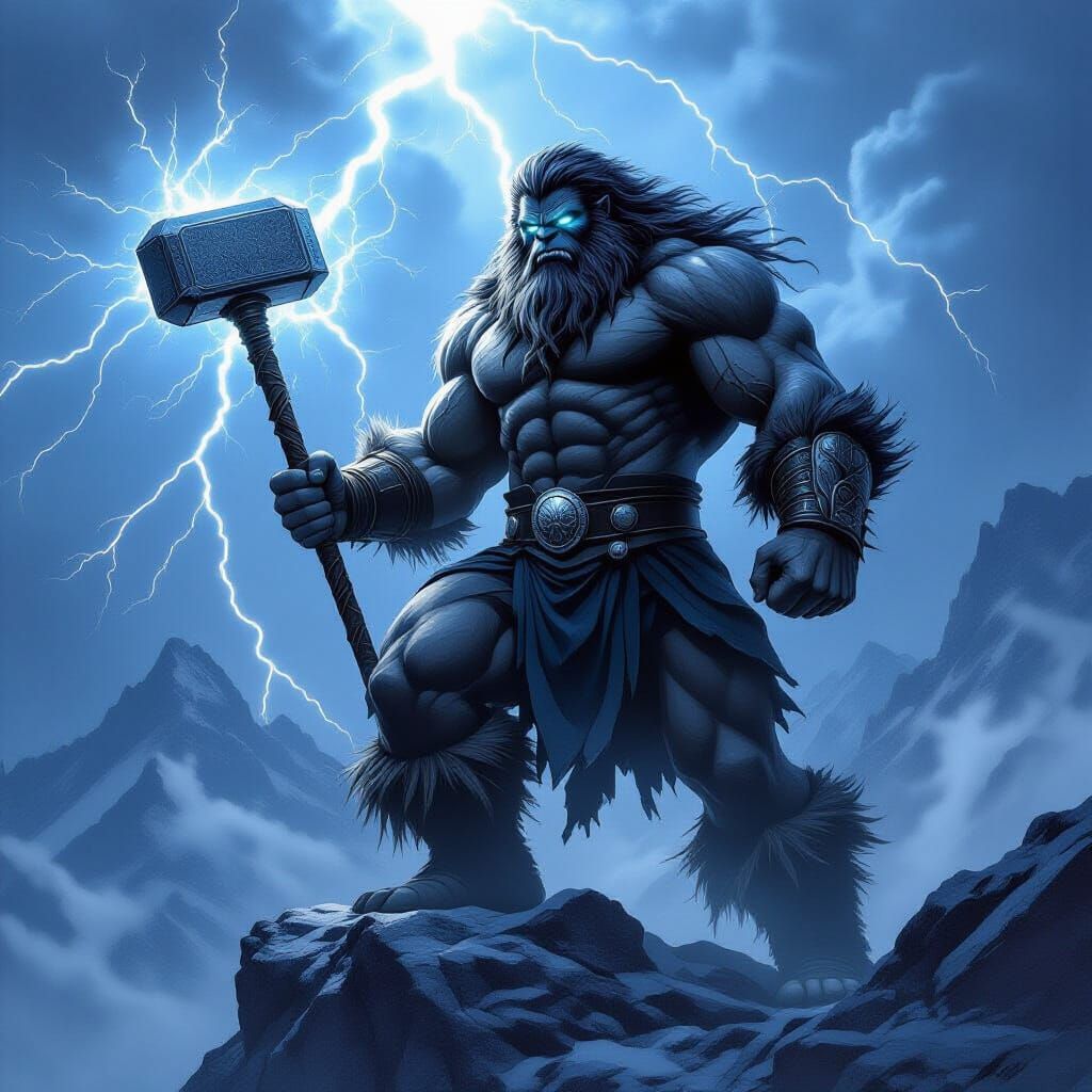 Thor Sasquatch on Stormy Peak With Mjolnir