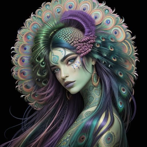 Peacock Woman Portrait in Abstract Fauvism Style