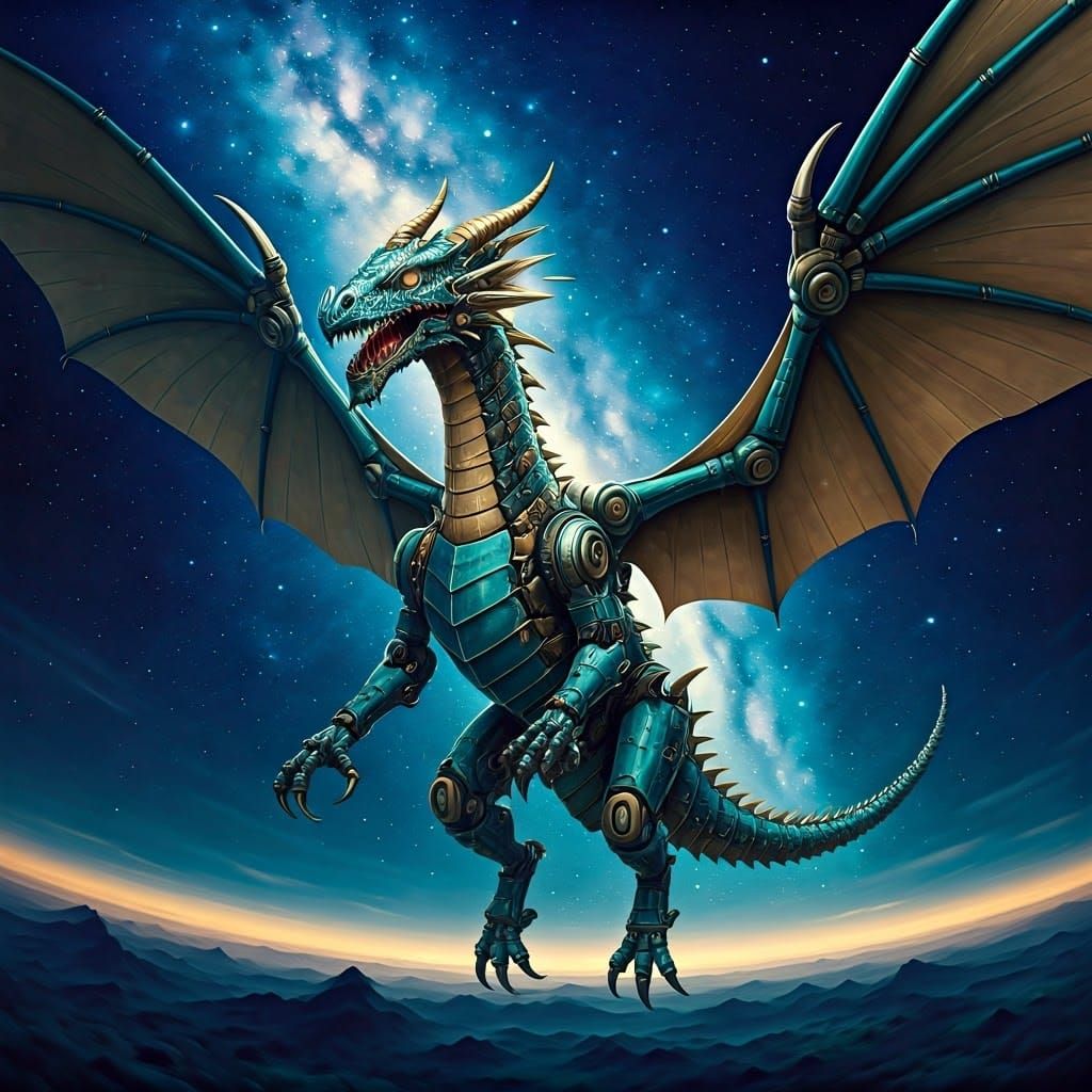 Steampunk Dragon in Flight Under Starry Skies