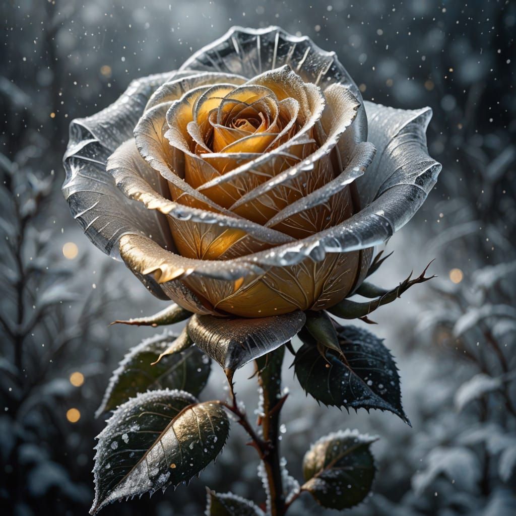 Ethereal Golden Rose Illuminates Dark Frosty Scene