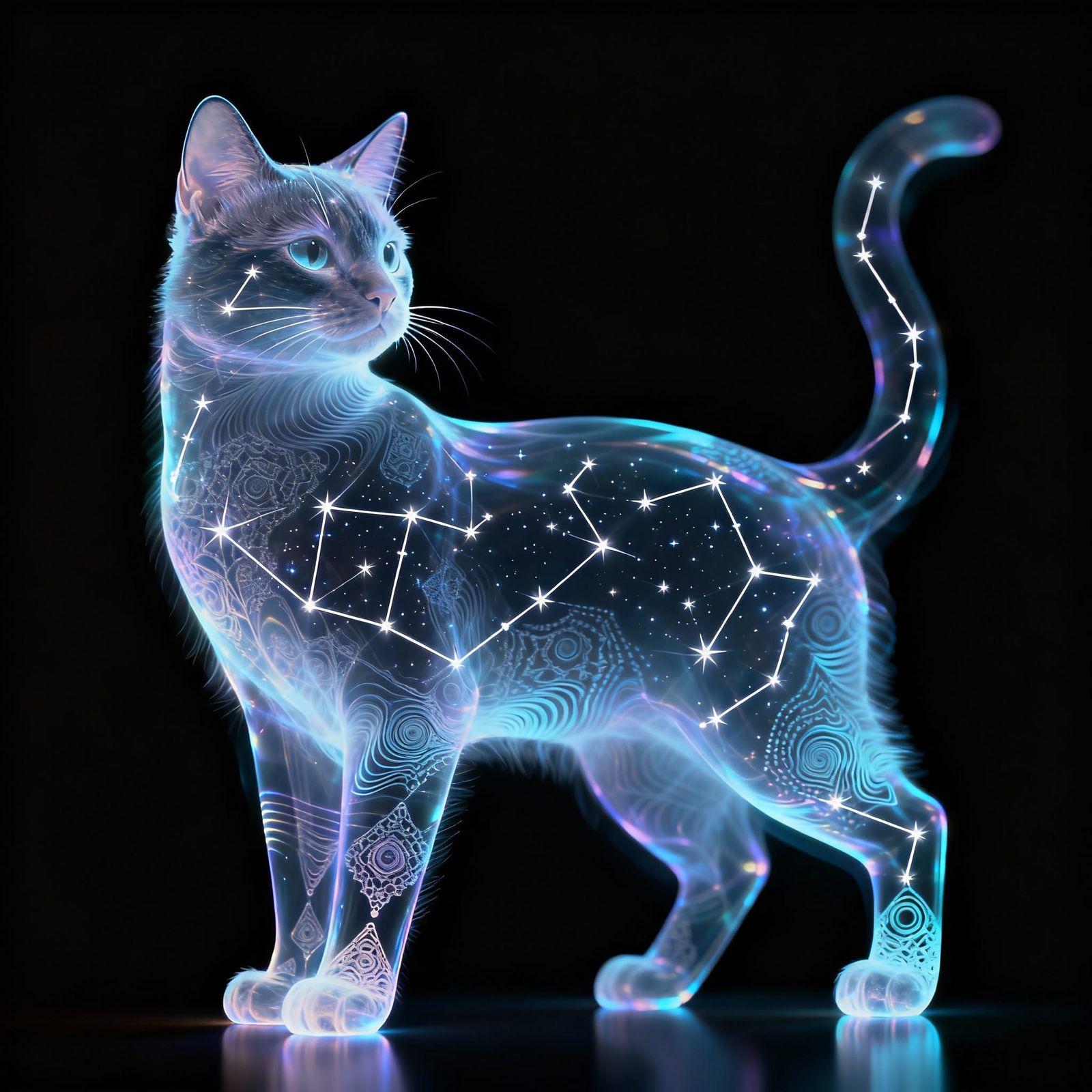 Ethereal Ghost Cat Constellation Map in Holographic Style