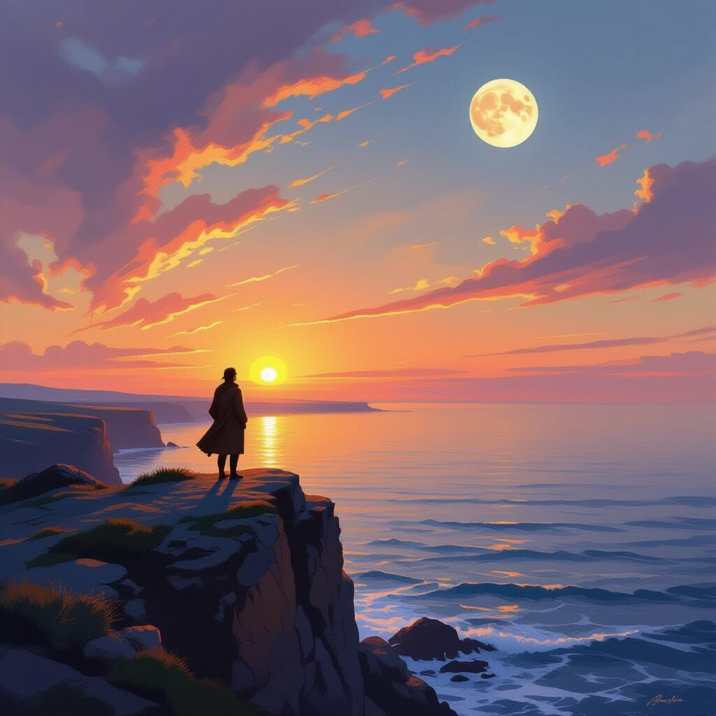Figure on Coastal Cliffs Gazing at Sunset and Full Moon